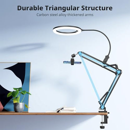 UBeesize 10" Ring Light with Overhead Phone Mount, LED Selfie Light with Stand and Phone Holder, Desk Light for iPhone, Desk Tripod for Video Recording, YouTube, TikTok, Live Stream, Cooking, Vlog - style: Desk-mounted