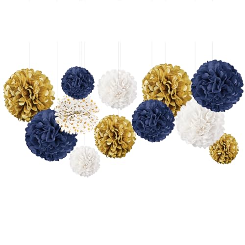 NICROLANDEE Wedding Party Decorations - 12 PCS Navy Blue and Gold Tissue Paper Pom Poms for Colleage Graduation, Baby&Bridal Shower, Birthday, Bachelorette Party, Engagement Party, Anniversary Party - style: Navy Blue