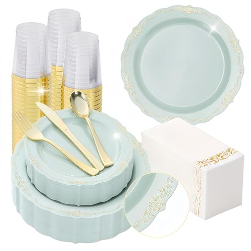 Fijinhom175 PCS Green Disposable Plates, Elegant Dinnerware Set for 25 Guests, 50 Plastic Plates, 75 Silverware, 25 Cups & 25 Paper Napkins, Green - color: Green Gold Pattern, size: 25 Guests-175pcs