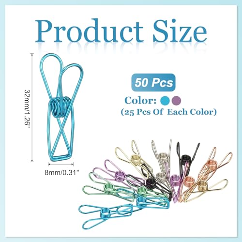 PATIKIL 50Pcs Paper Office Binder Clips, 1.26" Small Metal Wire Hollow Out Paper Clamps Long Tail Binder Clips for Photo Clothes Hanging Office Home Kitchen Food Package, Blue/Purple - color: Blue/Purple