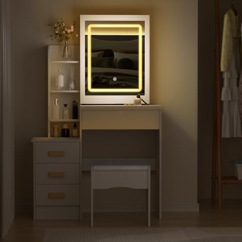 Vanity Desk with Mirror and Lights,Makeup Vanity with Extra Hidden Stroage,Makeup Desk with 4 Drawers 7 Open Shelves,Dressing Table for Bedroom,3 Color Light Modes,Small Vanity Desk（US Fast Arrival）