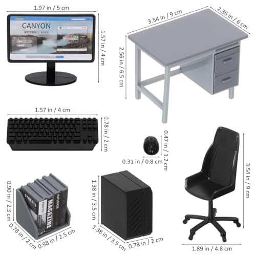 Garneck 2 Sets Miniature Dollhouse Office Desk Set: 1:12 Scale Computer Table Chair Keyboard Mouse Monitor Books CPU Accessories for Mini Furniture Display Pretend School Project