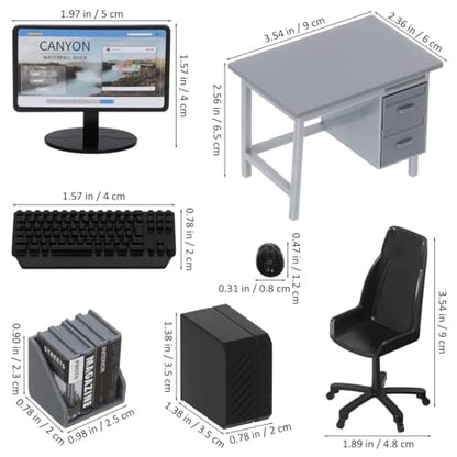 Garneck 2 Sets Miniature Dollhouse Office Desk Set: 1:12 Scale Computer Table Chair Keyboard Mouse Monitor Books CPU Accessories for Mini Furniture Display Pretend School Project