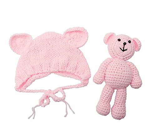 Newborn Baby Crochet Knit Costume Photography Prop Baby Bear Hat and Doll Set - color: Baby Pink