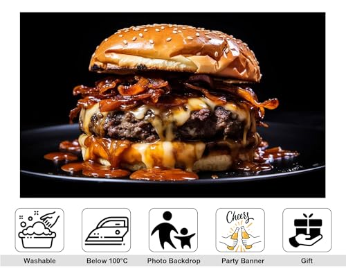 6x4ft Black Plate Burger Backdrop Melted Cheese Photography Background for Restaurant Menu and Food Shoot Decorations Tapestry Photo Booth Props - size: 6x4ft