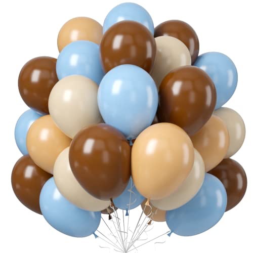 Blue and Brown Balloons, 60 PCS Pastel Macaron Blue White Sand Nude Brown Latex Balloons Set, Light Baby Blue Cream Beige Apricot Coffee Party Balloon for Teddy Bear Birthday Baby Shower Decorations - color: Blue Brown