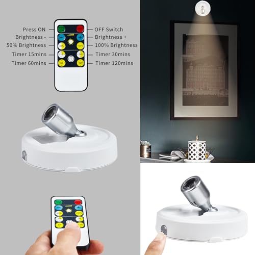 Wireless Spot Light, Battery Operated Picture Lights Mini Accent Lights Indoor with Remote, Dimmable LED Spotlight Stick on Anywhere Rotatable Wall Light for Paintings Artwork (2 Pack) - color: White Silver, size: 2 Pack
