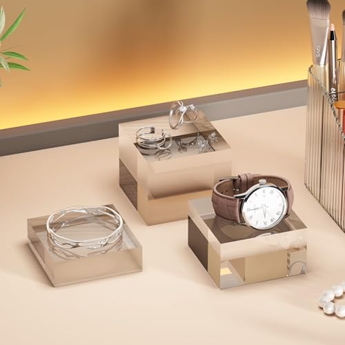Acrylic Display Stands, 3 Graduated Sizes Acrylic Block Riser for Displaying Collection, Crystal Clear Acrylic Cube Pedestals for Jewelry Glass, Gem and Collectables, 1set