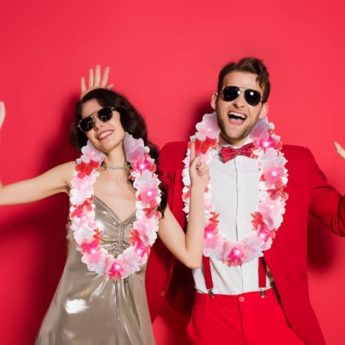 Sherr 24 Pcs LED Leis Light Up Wedding Hawaiian Leis Flower Necklace with LED Lights Beach Tropical Carnival Party Wedding Supplies Luau for Masquerade - color: Red Pink White