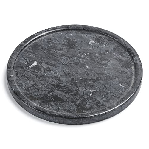 Genuine Black Marble Round Tray, High End Decorative Tray for Bathroom, Kitchen, Dresser and Vanity (Black 8")