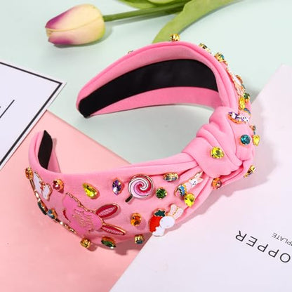 NVENF Easter Headband for Women Beaded Easter Rabbit Bunny Headband White Pink Crystal Pearl Knotted Hairband Happy Easter Hair Accessories Spring Holiday Headwear Outfits Gifts (Easter A) - color: Easter A