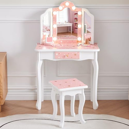 Nromant Kids Vanity Set, Princess Toddler Makeup Vanity with Mirror and 3-Color LED Lighted, Wooden Kids Vanity Table and Chair Set with Drawer for Little Girls - color: Pink With Lighted
