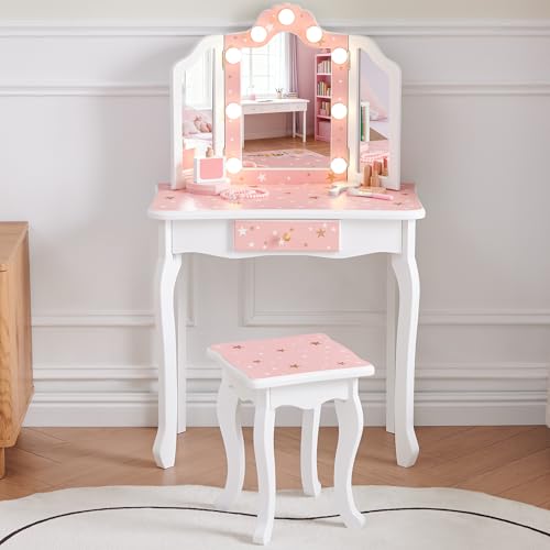 Nromant Kids Vanity Set, Princess Toddler Makeup Vanity with Mirror and 3-Color LED Lighted, Wooden Kids Vanity Table and Chair Set with Drawer for Little Girls - color: Pink With Lighted