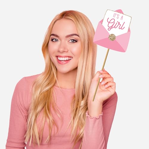 Fully Assembled Baby Shower Photo Booth Props - Set of 30 - Girl Baby Shower Selfie Signs - Pink Party Supplies & Decorations - with Real Gold Glitter - Did We Mention No DIY