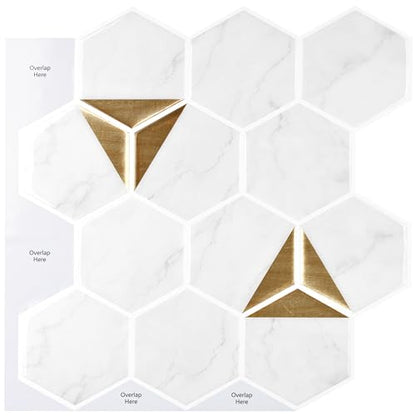 WESTICK White Gold Marble Back Splash Stick on Tiles for Kitchen Hexagon Peel and Stick Backsplash Tile Waterproof Bathroom Vinyl Backsplash Panels for Laundry Room Wall RV 10 Pack 12" x 12" - color: 9.Gold white