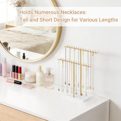 Mkono Necklace Holder Organizer Metal Jewelry Display Stand 2 Tier Bracelet Hanger Gold Tree Tower Rack for Storage Bangles and Earrings Gift for Women Bedroom Dressing Table Decor