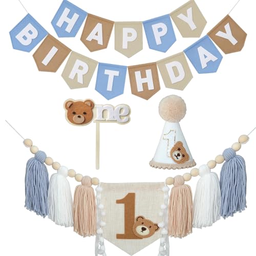Felt Happy Birthday Banner 1st Birthday Decorations - High Chair Banner (Khaki Bear) - color: Khaki Bear
