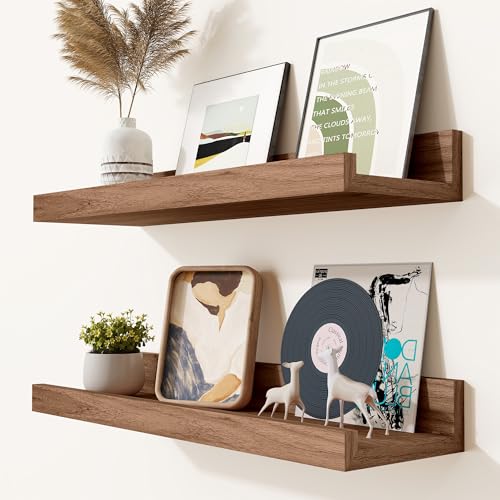 Heimlove Picture Ledge Shelf, Small Floating Shelves Set of 2, 16 Inches Picture Shelf for Wall with Ledge, Kids Bookshelf Wall Mounted for Living Room Bedroom Decor，Walnut Color - color: Walnut, size: 16'', Set of 2