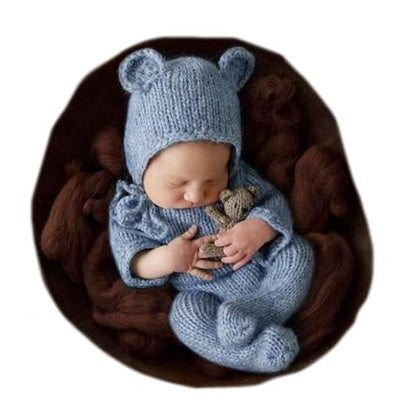 2Pcs Newborn Photography Props Boy Photo Posing Outfits Baby Photoshoots Girl Crochet Bear Hat Romper - color: Blue