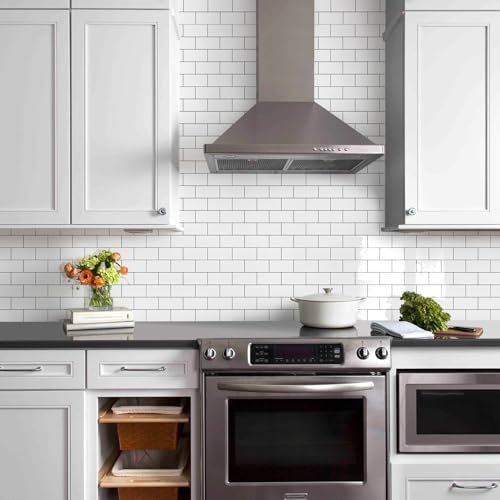 Vamos Tile 100-Piece Glossy Pure White Peel and Stick Backsplash Tile,3''x6'' PVC Subway Tile with Dark Gray Grout,Stick on Backsplash for Kitchen/Bathroom/Fireplace - color: Pure White
