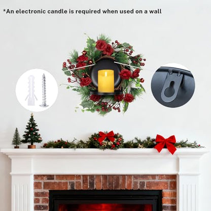 MOYEE Candle Holder Centerpieces for Tables,Candle Ring,Wreaths, Black Metal Candle Stick Paired Artificial Flowers 14 in Versatile Dining Table Centrepiece - color: Rose and Pine Needle Wreath