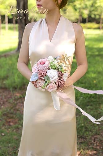 Lookein Bridesmaid Bouquet Set of 4 Boho Wedding Bouquet 7-Inch Fake Flower Bouquet for Bride Tossing Bouquet for Wedding Ceremony, Elegant Dusty Rose - color: 7" French Dusty Rose