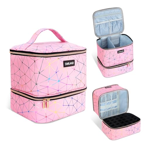 SAVILAND Nail Polish Organizer Bag: PU Leather Nail Polish Storage Organizer Holds 30 Bottles & Nail Lamp, Nail Polish Holder Travel Carrying Case Box Nail Tech Organizer Storage Bag for Nail Supplies - color: A-Pink