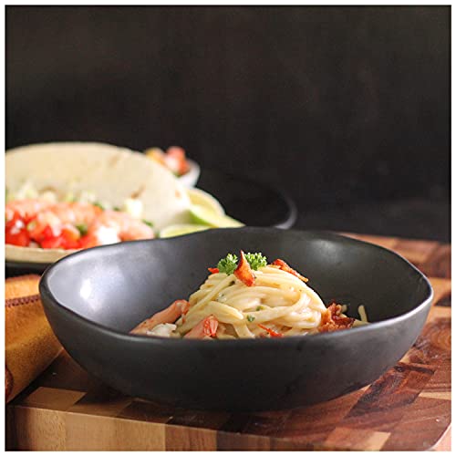RoRo 8" Handmade Ceramic Pasta Bowls – Matte Black, Set of 2 Artisan Serving Bowls, Perfect for Pasta, Salad, Cereal, Noodles, Microwave, Oven & Dishwasher Safe - size: Bowl x 2