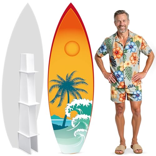 Yalikop 6 Ft Surfboard Cardboard Cutout Stand Up Photo Prop - Hawaiian Tropical Party Decorations Standee Surfboard Foam Board for Garden Yard Sign Decor Summer Beach Luau Photography Background - style: Ocean Waves