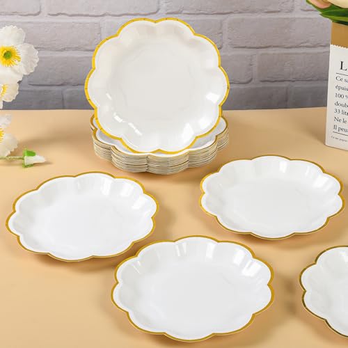 AimFun White Golden Party Plates Gold Foil Dessert Paper Plate 7inch Scalloped Edge Disposable Cake Plates for Tea Party Birthday Bridal Baby Shower Wedding Party Supplies (48, White) - color: White