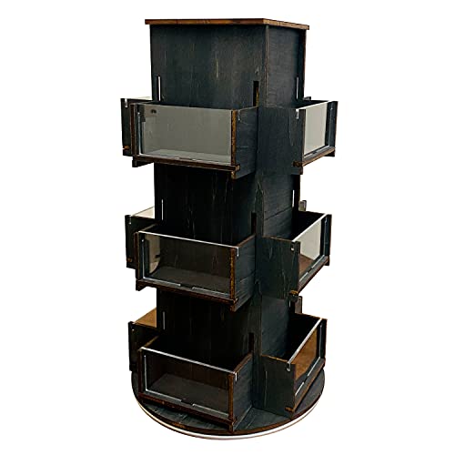 Rotating Display Stand, 3 Tier Wooden Organizer, 4-Sided Display Rack, 360 degree Spinning Multi-Pocket Tabletop Display Stand for Coasters, Stickers, Retail, Showcase, Tradeshow, 17”H, Ebony Color - style: EBONY
