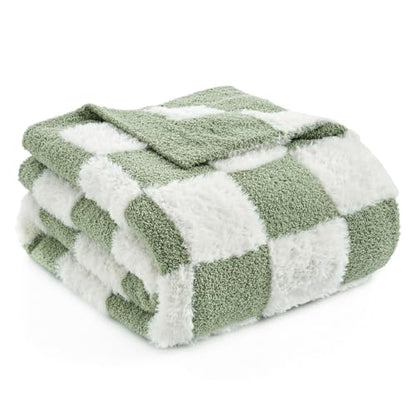 Snuggle Sac Sage Green Checkered Throw Blanket Faux Fur Knitted with Microfiber Yarn, Cozy Soft Warm Spring Blankets for Couch,Sofa,Bedroom,Sage Green Checker,50x60 inches - color: Green White, size: Throw(50"x60")
