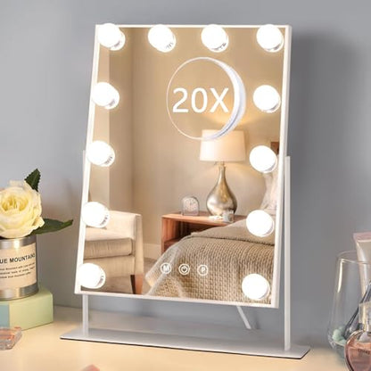 HIEEY Hollywood Makeup Mirror with 12 Dimmable Bulbs Lights, Three Color Lighting Modes, with 4in 20X Magnification Mirror, Smart Touch Control, 360°Rotation (White,Gift Box) - style: 17.3"L x 13.1"W (with 20X Mirror)