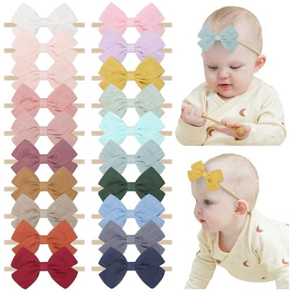 jollybows 20pcs Baby Girls Nylon Hair Bows Headbands Linen Bands Elastic Accessories for Baby Girls Infants preemie and Newborn Kids - color: 5- 20PCS netural bows