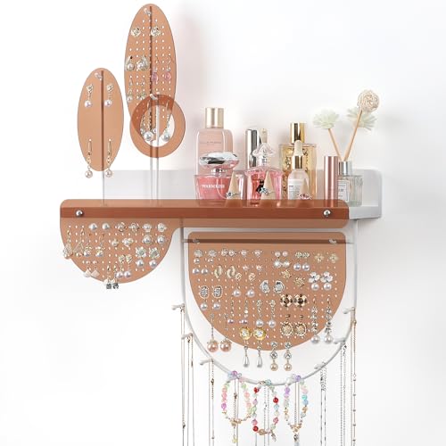Keebofly Leaf-Shaped Wall Mounted Jewelry Organizer - Acrylic Earring Organizer with Shelf for 444 Earrings, Sturdy Jewelry Tower for Earring, Necklace, Bracelet, Gifts for Women & Girls - color: White-Amber Acrylic
