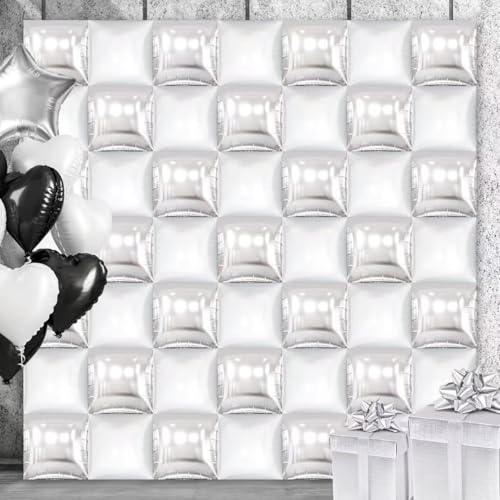 50PCS White and Silver Square Foil Balloon Wall, Double Sided Metallic Silver White Garland Kit, Reusable DIY Mylar Balloon Arch for Anniversary Birthday Engagement Bridal Baby Shower Party Decor - color: White & Silver