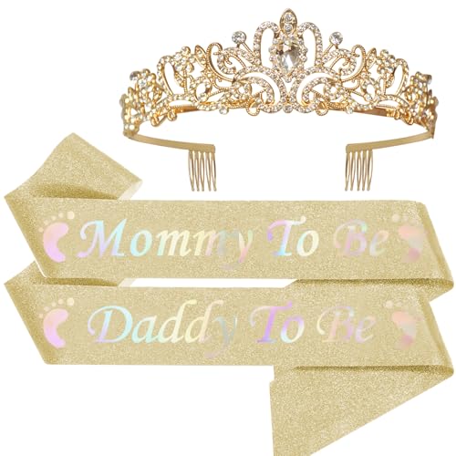 Mom To Be; Daddy to be Baby Shower Decorations; future mom Crown and Sash Mother To Be Sashes for Boy & Gilr and Tiara; crown and Tiara Set; neutral set Gold color