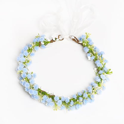 Babys Breath Flower Headband with Green Leaf Bohemian Floral Headpiece Hair Wreath for Women Wedding Accessorie