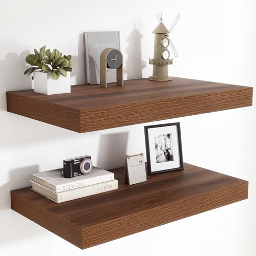 Heimlove 24 x 12 Inch Deep Floating Shelves Wall Mounted with Invisible Brackets,Storage Hanging Shelf for Wall Decor in Bathroom, Bedroom, Toilet, Kitchen, Living Room, Office Set of 2 (Walnut) - color: Walnut, size: 24"W x 12"D x 2"H, Set of 2