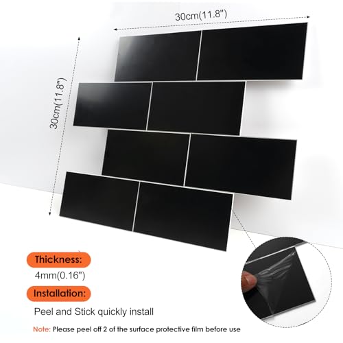 10- Sheet Polished Black Peel and Stick Backsplash, 12’’Luxury Ceramic Look Self Stick Subway Tiles, Waterproof Peel and Stick Wall Tiles for Kitchen and Bathrrom - color: Black