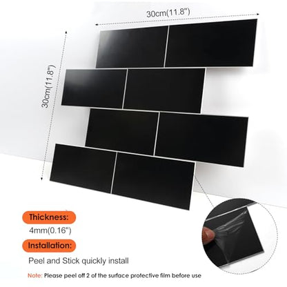 10- Sheet Polished Black Peel and Stick Backsplash, 12’’Luxury Ceramic Look Self Stick Subway Tiles, Waterproof Peel and Stick Wall Tiles for Kitchen and Bathrrom - color: Black
