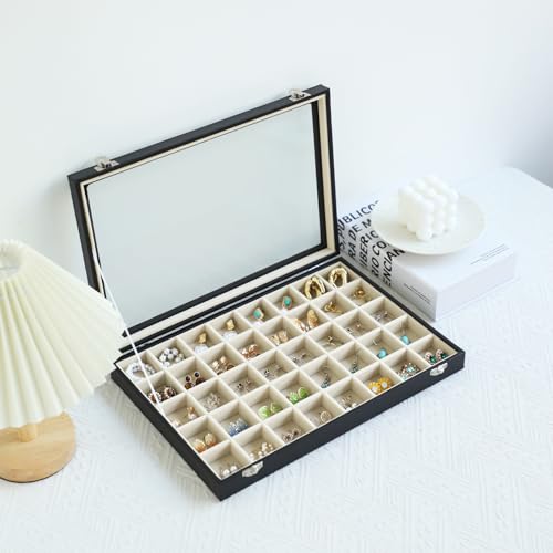 Stratalife Jewelry Organizer 40 Grid Beige Black Jewelry Tray with Clear Dust-proof Lid Velvet Earring Organizer Necklace Rings Holder Display Drawer Storage Case for Women - color: Beige-Black, size: 40 Grid