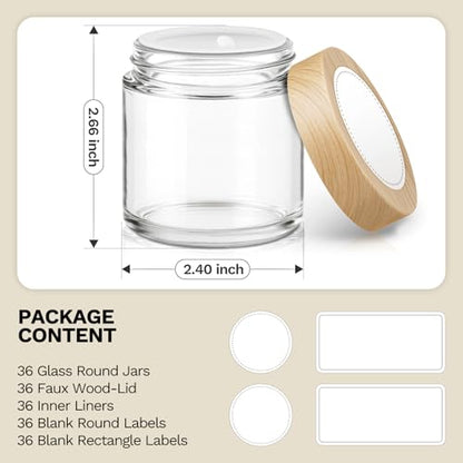 36Pcs 4 oz Small Glass Jars with Lids, Bumobum Clear Cosmetic Jars with Plastic Woodgrain Lids, 120ml Refillable Empty Containers for Cream, Salve, Powders and Lotion Storage - color: 4oz-36pack