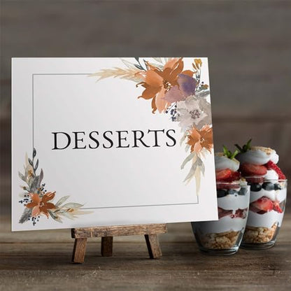 Indie Autumn Floral Desserts Sign / 8" x 9" Trendy Wedding Event Sign/Boho Fall Feather Table Top Dessert Event/Sweets And Treats Table Plaque/Made In The USA - color: Indie Autumn Floral, style: Desserts