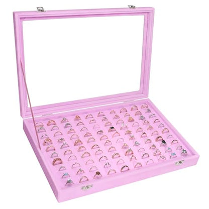 Siveit Velvet Ring Display Tray Organizer Box with Transparent Lid, 100 Slot Ring Holder Showcase For Store Display Jewelry Show Home, Pink - color: Pink