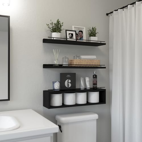 WOPITUES Floating Shelves for Wall 24 inch with Cube Shelf, Wall Shelves with Metal Rail for Decor, Bathroom Organizers and Storage, Over Toilet Shelves for Bathroom, Toilet Paper-Black - color: Black, size: 23.6 inch
