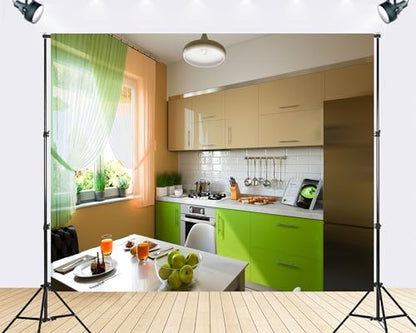 Trykid 12x10ft Bright Green Kitchen Interior Backdrop Modern Home Cooking Photography Background Food Blogger Culinary Vlog Theme Party Decoration Tapestry Photo Booth Prop Fabric Backdrop - size: 12x10ft