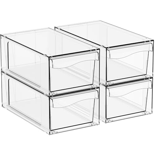 Yieach 4 Pack Clear Stackable Storage Drawers,4.5" Tall Acrylic Makeup Organizer Drawers and Medicine Cabinet Organizers,Pull Out Plastic Bathroom Closet Organizer for Hair Clip,Baby Bottle,Pacifier - color: Clear-6''x11''x4.4''High, size: 4 PACK