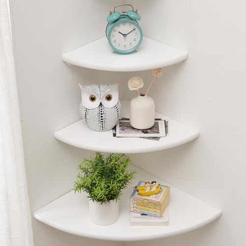 Corner Shelves, Floating Corner Shelf, Set of 3 Solid Oak Wood Corner Wall Shelves, Round End with Wire Hole Shelving for Small Plant for Bedroom Kitchen, Living Room (Size 9/10/12in) - color: White, size: 9/10/12in(3p)