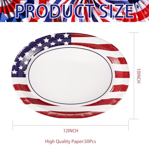 50Pcs Patriotic Oval Paper Plates 10" X 12" Large Heavy Duty 250 Anniversary American Flag Disposable Plates 4th of July Red Blue and White Platters for President Memorial Independence Day Supplies - style: 4th of July Oval Kit